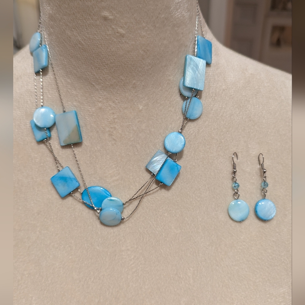 Turquoise Blue Colored and Silvertone Multi-Layer Necklace and Earring Set